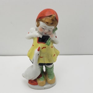 Vintage Girl Figurine With Duck/Goose Made In Japan Hand Painted