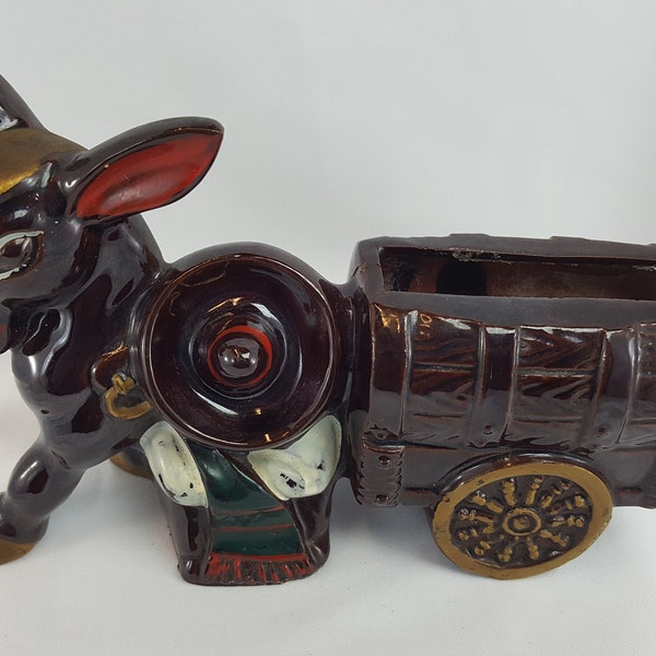 Vintage Donkey Wth Cart Planter W/Sleeping Man Wearing Sombrero Made in Japan