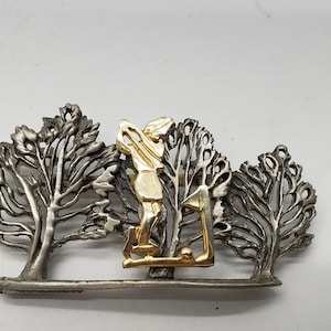 Ladies Golfing Brooch Gold Tone and Pewter  Swinging Golfer and Trees