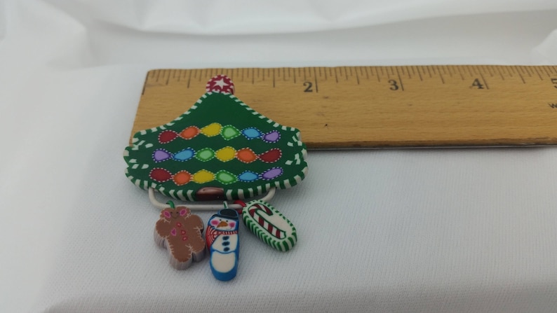 Snowman and Gingerbread 1.75 x 2.25 Vintage Christmas Tree Brooch Pin With 3 Charms Cane