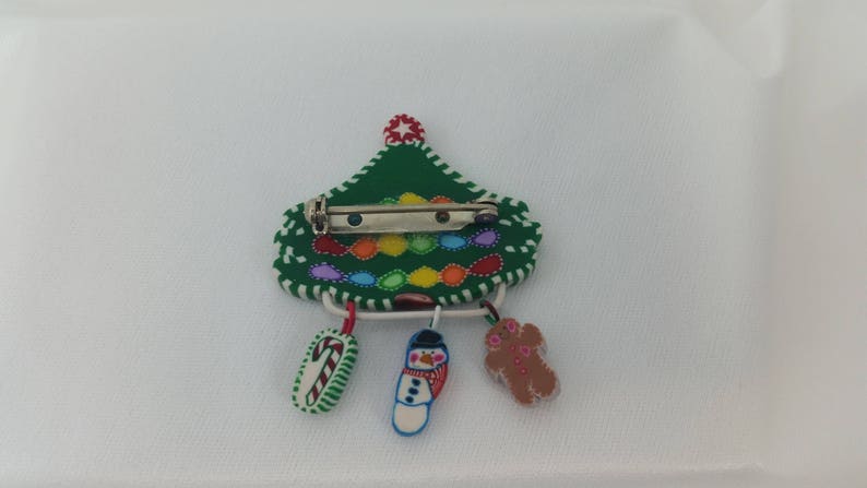 Snowman and Gingerbread 1.75 x 2.25 Vintage Christmas Tree Brooch Pin With 3 Charms Cane