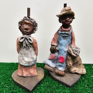 Black Americana Folk Art Couple Wood With Hearth Shape Stand