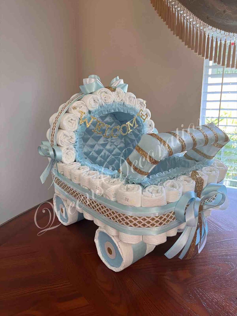 Elegant Diaper Stroller/ Baby Blue and Silver Diaper Stroller/ Cute Diaper Carriage/ Unique Baby Shower Gift imagen 19