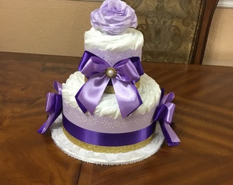 Purple and Gold Diaper Cake/ Cute Girl DIaper Cake/ 2 Tier Diaper Cake/ Baby Shower Decor./ Purple and Gold Baby Shower Decor./ Centerpiece.