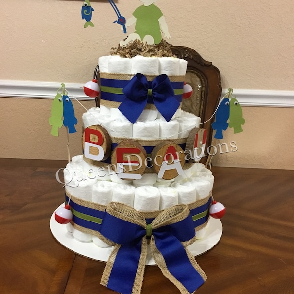 Fishing Theme Diaper Cake/ 3 Tier Diaper Cake/ Boy Baby Shower/ Rustic Baby Shower/ Fishing Theme/ Fisherman Diaper Cake.