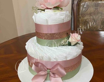 2 Tier Diaper Cake/ Blush and Sage Diaper Cake/ Spring Diaper Cake/ Rose Gold Baby Shower Centerpiece/ Girls Baby Shower.