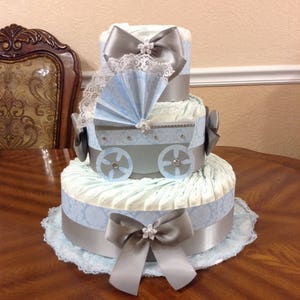 Elegant Blue and Gray Diaper Cake/ Boy Diaper Cake/ 3 Tier Diaper Cake/Baby Shower Gift or Centerpiece/ Boy Baby Shower/Diaper Cake Carrige