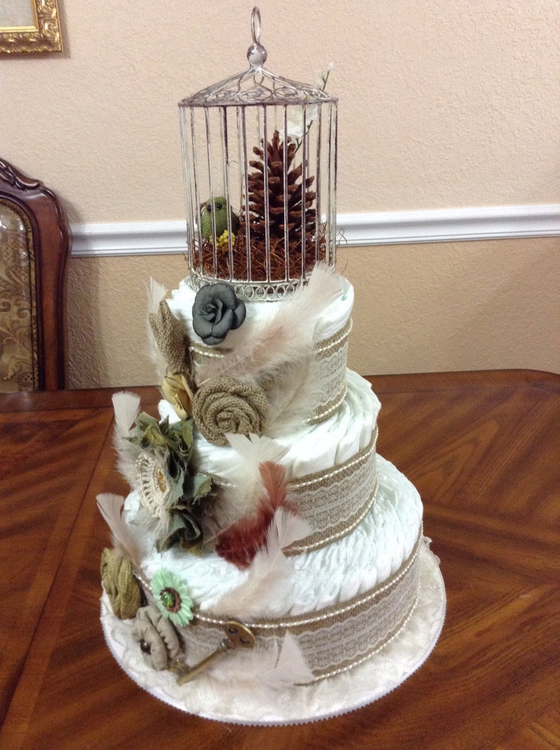 Gender Neutral Antique Shabby Chic Rustic Diaper Cake Elegant Baby Shower Three Tier Diaper Cake Original Centerpiece Elegant Gift.
