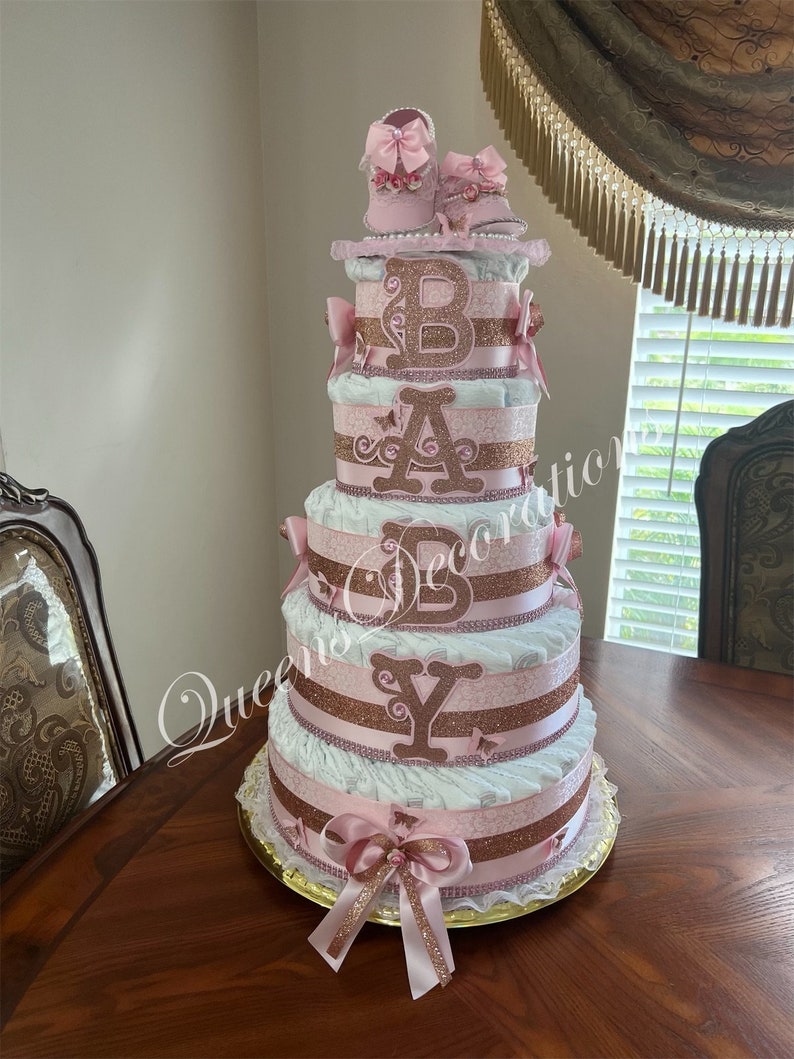 5 Tier Diaper Cake/ Elegant Diaper Cake With Shoe Cake Topper/Pink and Gold Diaper Cake/Girl Baby Shower/Beautiful Pink and Gold Centerpiece image 6