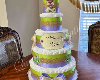 5 Tier Diaper Cake/ Princess Themed Diaper Cake/ Tiana Diaper Cake/ Princess Baby Shower Centerpiece/ Girl Baby Shower/Beautiful Diaper Cake