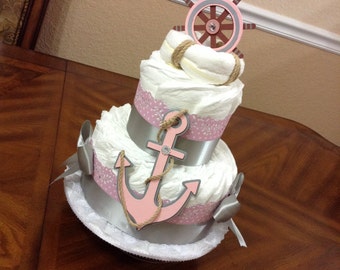 Elegant Diaper Cake/ Nautical Baby Shower/ Centerpiece/ Gift/ Fancy Baby Shower for Girl/  Two Tier Diaper Cake/ Original Decoration.