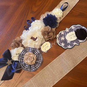 Mommy To Be Sash/ Navy Blue and Burlap Sash/ Set of Mommy To Be Sash and Daddy To Be Pin/ Cowboy Baby Shower