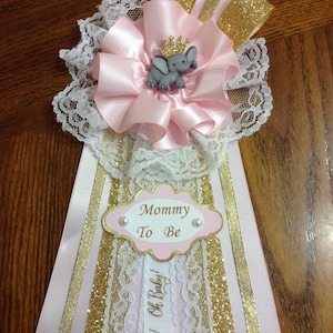 Elephant Theme Baby Shower/ Mommy To Be Corsage/  Pink White and Gold Baby Shower/ Elegant Pin/ Corsage for Girl Baby Shower.
