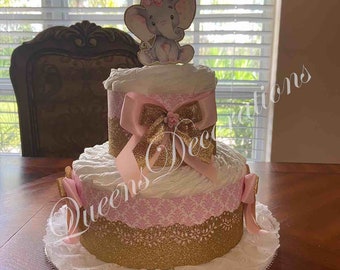 Elephant Diaper Cake/ Pink and Gold Diaper Cake/Elegant Diaper Cake/ 2 Tier Diaper Cake/ Cute Centerpiece/ Beautiful Gift/ Elephant Theme.