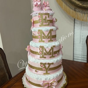 5 Tier Diaper Cake/ Elegant Diaper Cake With Shoe Cake Topper/Pink and Gold Diaper Cake/Girl Baby Shower/Beautiful Pink and Gold Centerpiece image 8