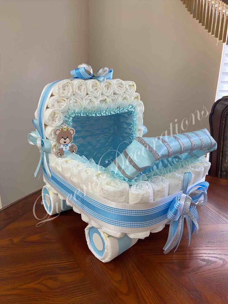 Elegant Diaper Stroller/ Baby Blue and Silver Diaper Stroller/ Cute Diaper Carriage/ Unique Baby Shower Gift imagen 17
