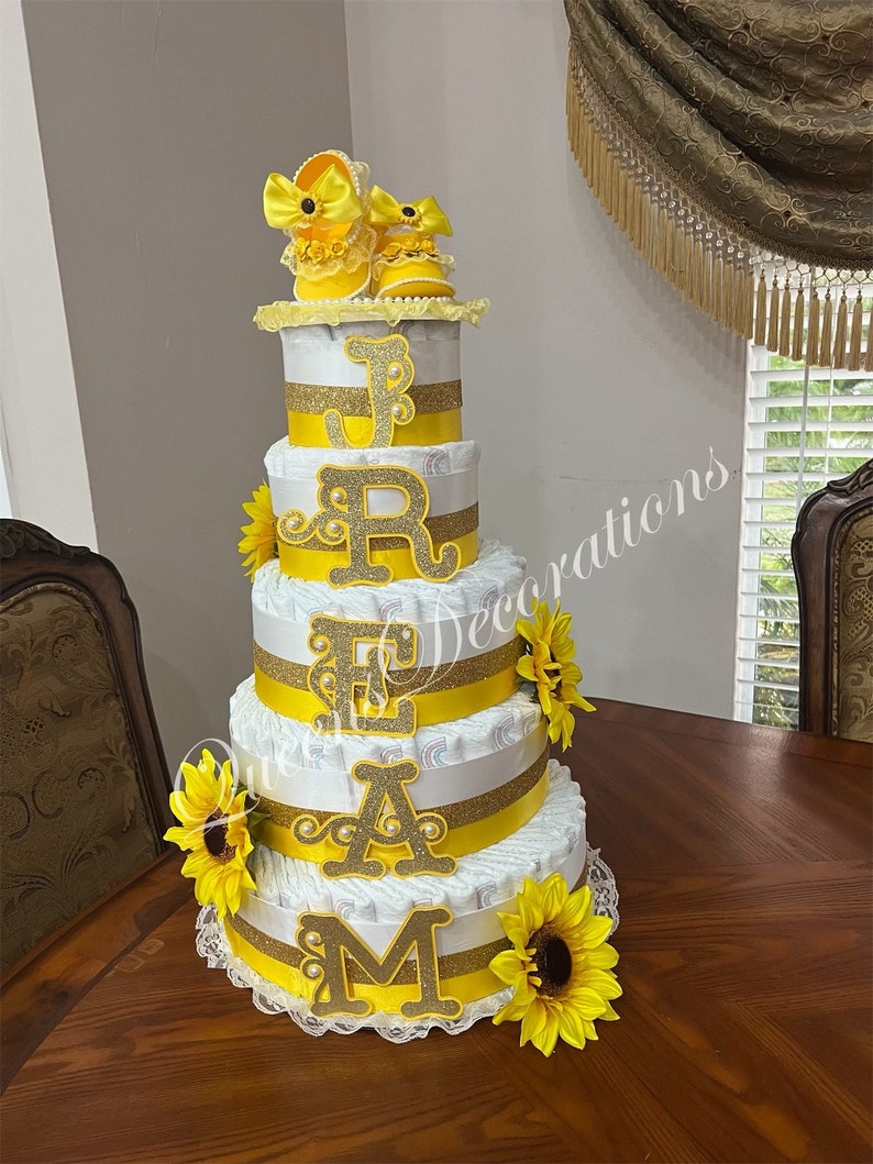 5 Tier Diaper Cake/ Elegant Diaper Cake With Shoe Cake Topper/Pink and Gold Diaper Cake/Girl Baby Shower/Beautiful Pink and Gold Centerpiece image 7