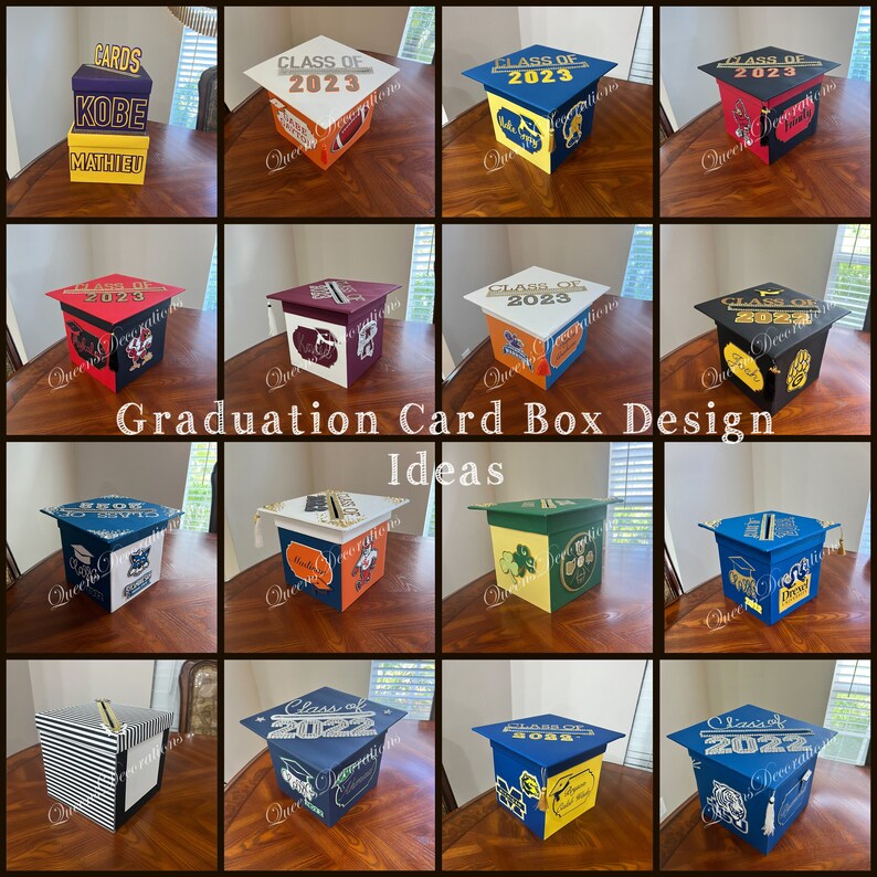 K&ouml;nnte beinhalten: Zw&ouml;lf Designs f&uuml;r Graduation-Kartenboxen mit verschiedenen Farben und Themen. Die Boxen sind in Form von Abschlusskappen gestaltet und zeigen verschiedene Designs, darunter Schulfarben, Logos und das Jahr 2023. Einige Boxen haben einen Schlitz f&uuml;r Karten an der Seite.