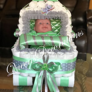 Elegant Diaper Stroller / Neutral Baby Shower/ Elegant Gift for Baby Shower/ Unique  Centerpiece /Green & Gray Carriage Decor .