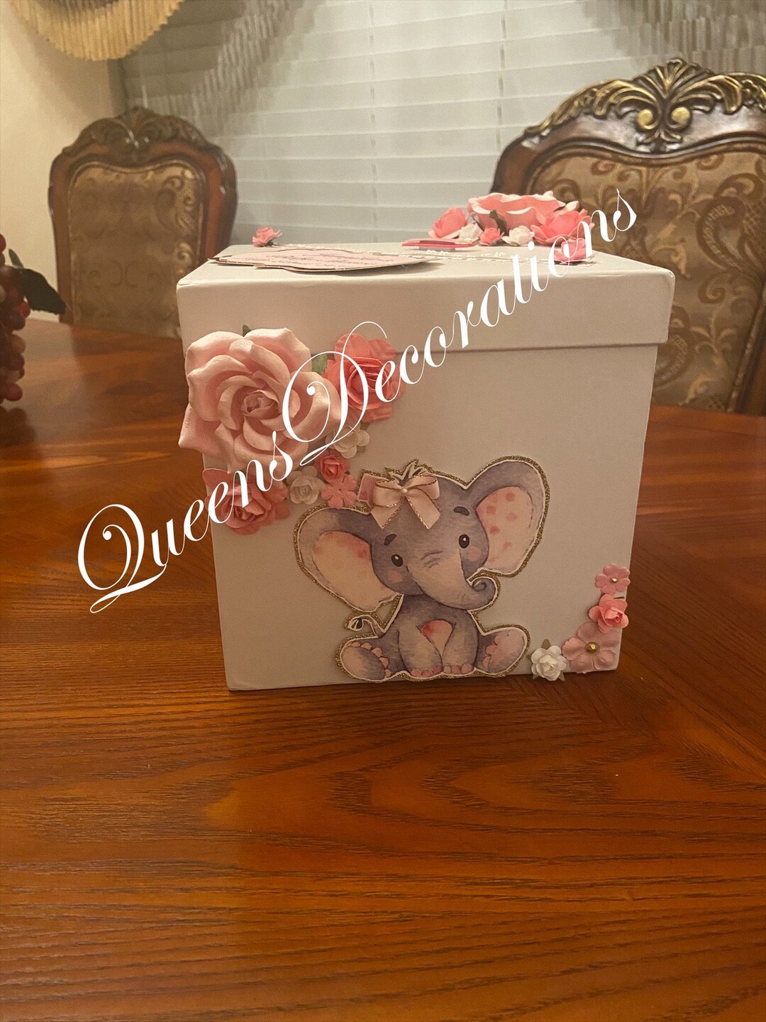 Card Box/ Elephant Baby Shower Themed Card Box/ Pink and Gold Etsy