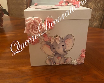 Card Box/ Elephant Baby Shower Themed Card Box/ Pink and Gold Card Box/ Pop-out Floral Decorations/ Girl Baby Shower/ Nurising Room Decor.