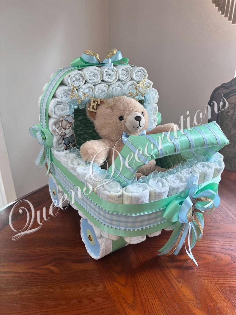 Elegant Diaper Stroller/ Baby Blue and Silver Diaper Stroller/ Cute Diaper Carriage/ Unique Baby Shower Gift imagen 20
