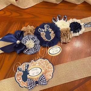 Mommy To Be Sash/ Bison Themed Baby Shower Set of Mommy and Daddy To Be Pins/ Woodland Mommy To Be Sash and Daddy To Be Pin.