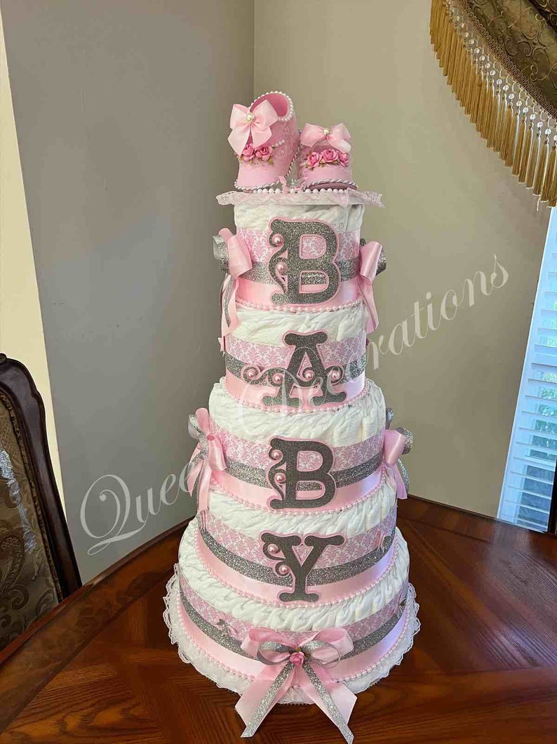 5 Tier Diaper Cake/ Elegant Diaper Cake With Shoe Cake Topper/Pink and Gold Diaper Cake/Girl Baby Shower/Beautiful Pink and Gold Centerpiece image 3