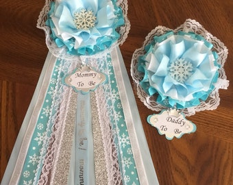 Snow Flake Baby Shower Corsage Set/ Mommy To Be Pin/ Boy Baby Shower / Silver and Blue Winter Baby Shower Corsage.