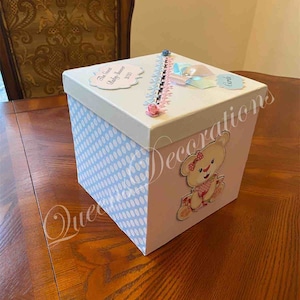 Boîte à cartes rose et bleue / Boîte à cartes de révélation du sexe / Centres de table pour baby shower de jumeaux / Ours en peluche roses et bleus.