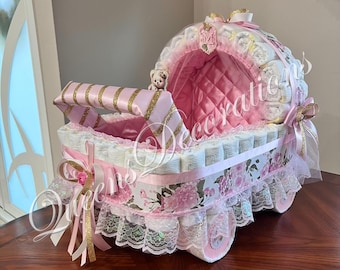 Baby in Bloom Diaper Stroller/ Pink Diaper Carriage/ Baby Gift / Baby Shower Centerpiece.
