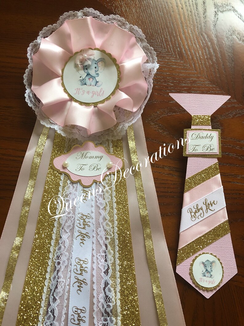 White and Gold PinSet of Mommy and Daddy Elegant Mommy To Be Pin Elephant Themed Baby Shower Girl Baby Shower Mommy To Be Corsage Pink