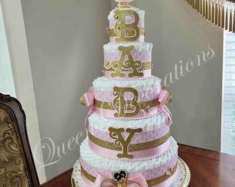 5 Tier Diaper Cake/ Fancy Diaper Cake With Baby Doll/ Gift Baby Shower/Beautiful Vintage Baby Doll Centerpiece