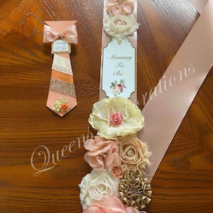 Mommy To Be Sash/ Sash for Mom Across The Chest/ Peach Mommy To Be Sash and Daddy To Be Pin/ Maternity Sash.