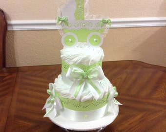 Elegant diaper cake/ Neutral Baby Shower/ Green Stroller for Diaper Cake/ 2 Tier Diaper Cake/ Elegant Centerpiece or Gift.