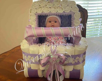 Elegant Diaper Stroller/ Lavender and White Diaper Carriage/ Beautiful Centerpiece / Diaper Stroller/ Original Decor/ Unique Gift