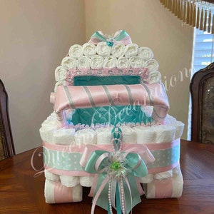 Elegant Diaper Stroller/ Mint Green and Pink Diaper Stroller/ Diaper carriage/ Baby Shower Centerpiece/ Unique Gift/ Baby Girl Baby Shower.
