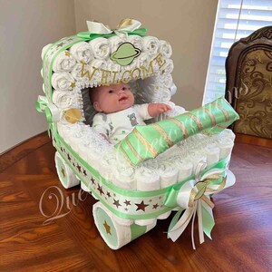 Diaper Stroller/Twinkle Twinkle Little Star/ White and Baby Green Baby Shower/ Neutral Baby Shower/ Unique Baby Shower Gift or Centerpiece