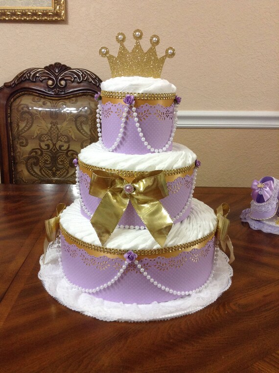 purple and gold diaper cake