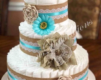 Gender Neutral Shabby Chic/ Rustic Diaper Cake/ Elegant Diaper Cake/ Neutral Baby Shower/ Centerpiece or Gift/ Vintage Shabby Chic.