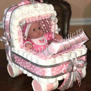 Elegant Diaper Stroller/ Pink and Silver Baby Shower Gift/ Polka Dot Diaper Stroller/Girl Baby Shower/Baby Shower Centerpiece/Unique Gift.
