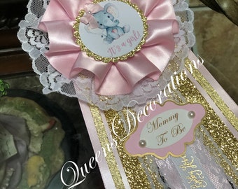Elegant Mommy To Be Pin/ Elephant Themed Baby Shower/ Girl Baby Shower/ Mommy To Be Corsage/ Pink, White and Gold Pin/Set of Mommy and Daddy