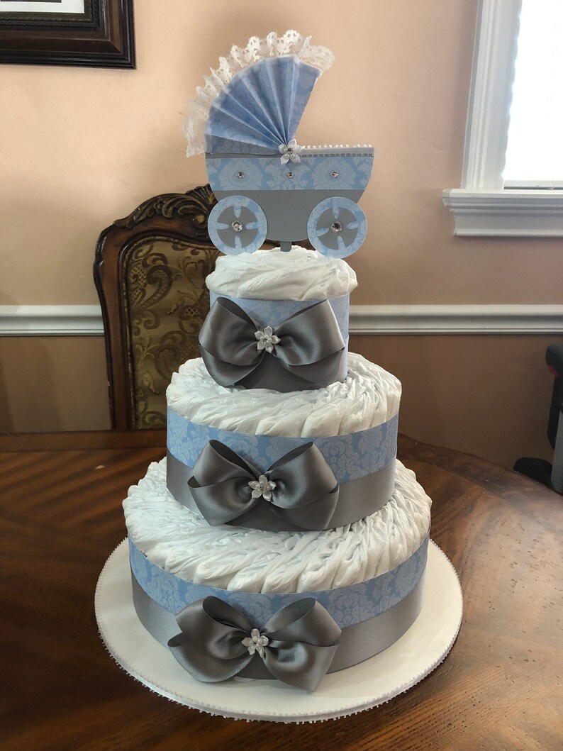 Elegant Blue And Gray Diaper Cake Boy Diaper Cake 3 Tier Etsy