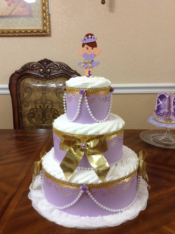 purple and gold diaper cake