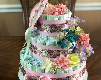 Garden Party Baby Shower/ Gril Baby Shower / Beautiful Pink and Baby Green Diaper Cake/ 3 Tier Diaper Cake/ Girl Baby Shower.