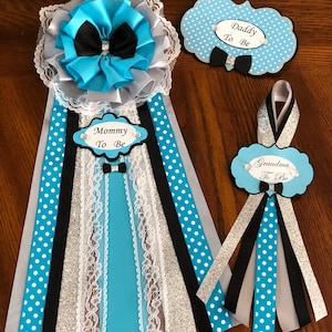 Turquoise and Silver Mommy To Be Corsage/ Mommy To Be Corsage/ Boy Baby Shower/ Bow Tie Baby Shower/ Little Man Baby Shower. English