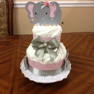 Elegant Diaper Cake/ Elephant Diaper Cake Pink and Grey/ Baby Girl Diaper Cake Baby Shower/ Centerpiece or Gift/ 2 Tier Diaper Cake.