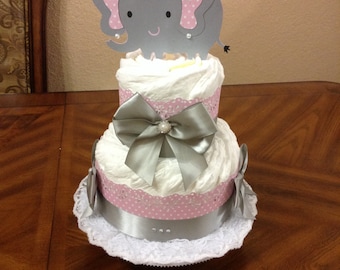 Elegant Diaper Cake/ Elephant Diaper Cake Pink and Grey/ Baby Girl Diaper Cake Baby Shower/ Centerpiece or Gift/ 2 Tier Diaper Cake.