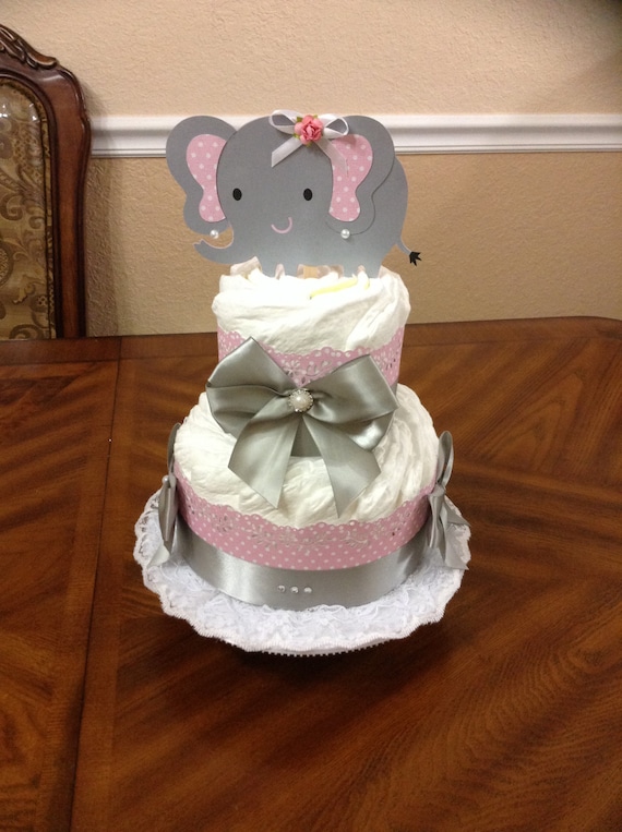 Elegant Diaper Cake/ Elephant Diaper Cake Pink and Grey/ Baby Girl Diaper Cake Baby Shower/ Centerpiece or Gift/ 2 Tier Diaper Cake.
