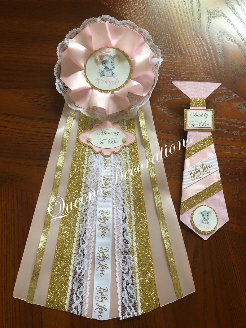 White and Gold PinSet of Mommy and Daddy Elegant Mommy To Be Pin Elephant Themed Baby Shower Girl Baby Shower Mommy To Be Corsage Pink